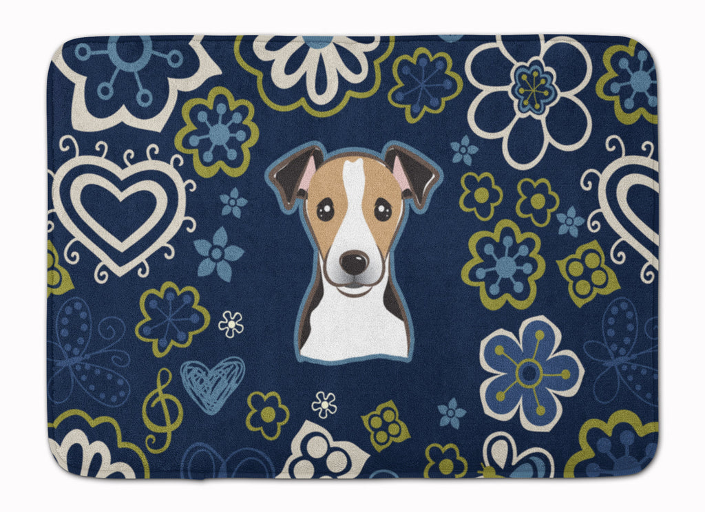 Blue Flowers Jack Russell Terrier Memory Foam Kitchen Mat Machine Washable Anti-Fatigue Cushion Comfort Bath or Kitchen Rug