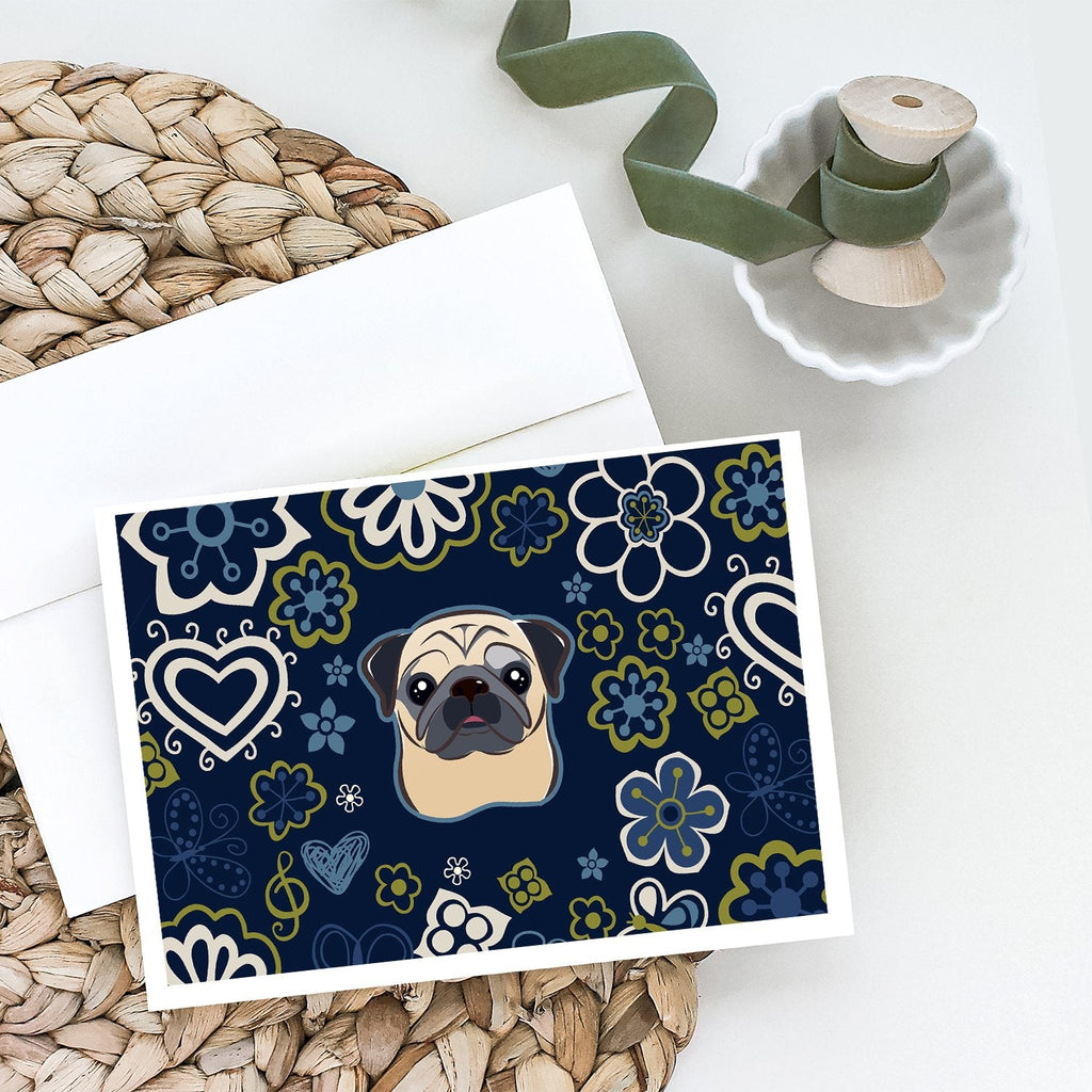 Blue Flowers Fawn Pug Greeting Cards Pack of 8 Blank Cards with Envelopes Whimsical A7 Size 5x7
