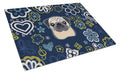 Blue Flowers Fawn Pug Cutting Board Tempered Glass Kitchen Cutting Surface, Heat Resistant Chopping, Non-Slip Feet, Food Prep & Serving