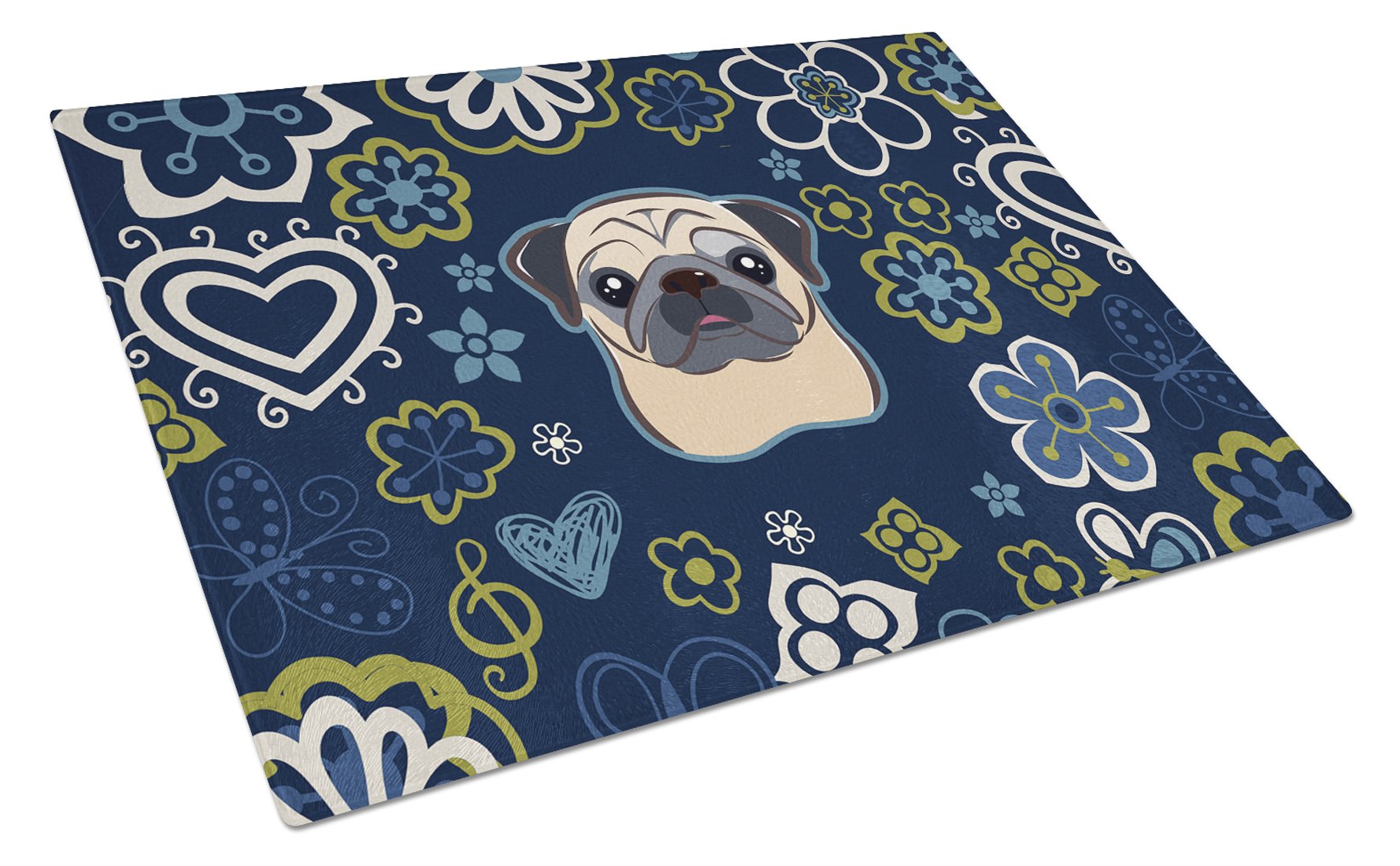 Blue Flowers Fawn Pug Cutting Board Tempered Glass Kitchen Cutting Surface, Heat Resistant Chopping, Non-Slip Feet, Food Prep & Serving