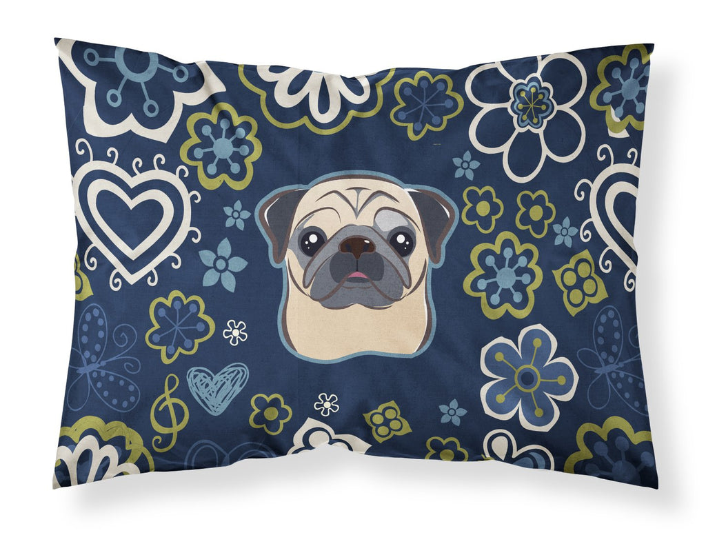 Blue Flowers Fawn Pug Standard Pillowcase Lightweight Super Soft Easy Care Decorative Artwork Pillowcase, Standard