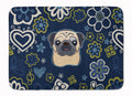 Blue Flowers Fawn Pug Memory Foam Kitchen Mat Machine Washable Anti-Fatigue Cushion Comfort Bath or Kitchen Rug