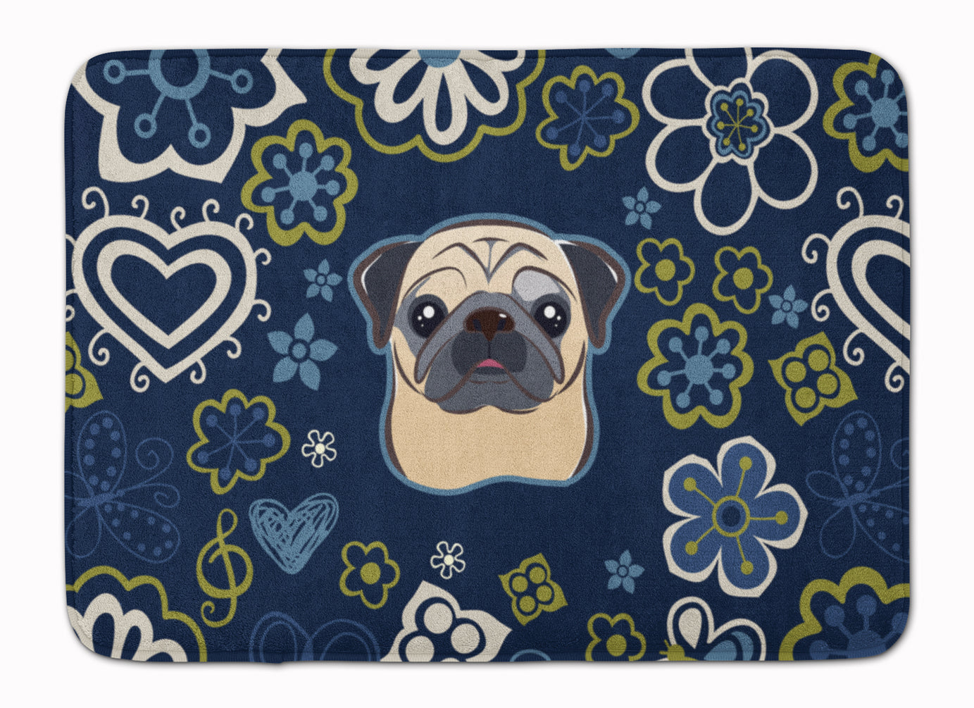 Blue Flowers Fawn Pug Memory Foam Kitchen Mat Machine Washable Anti-Fatigue Cushion Comfort Bath or Kitchen Rug