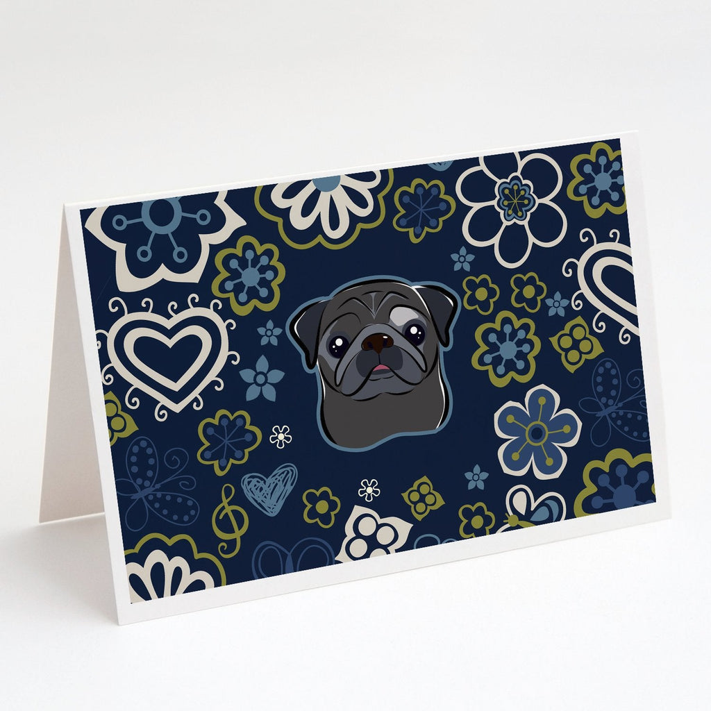 Blue Flowers Black Pug Greeting Cards Pack of 8 Blank Cards with Envelopes Whimsical A7 Size 5x7