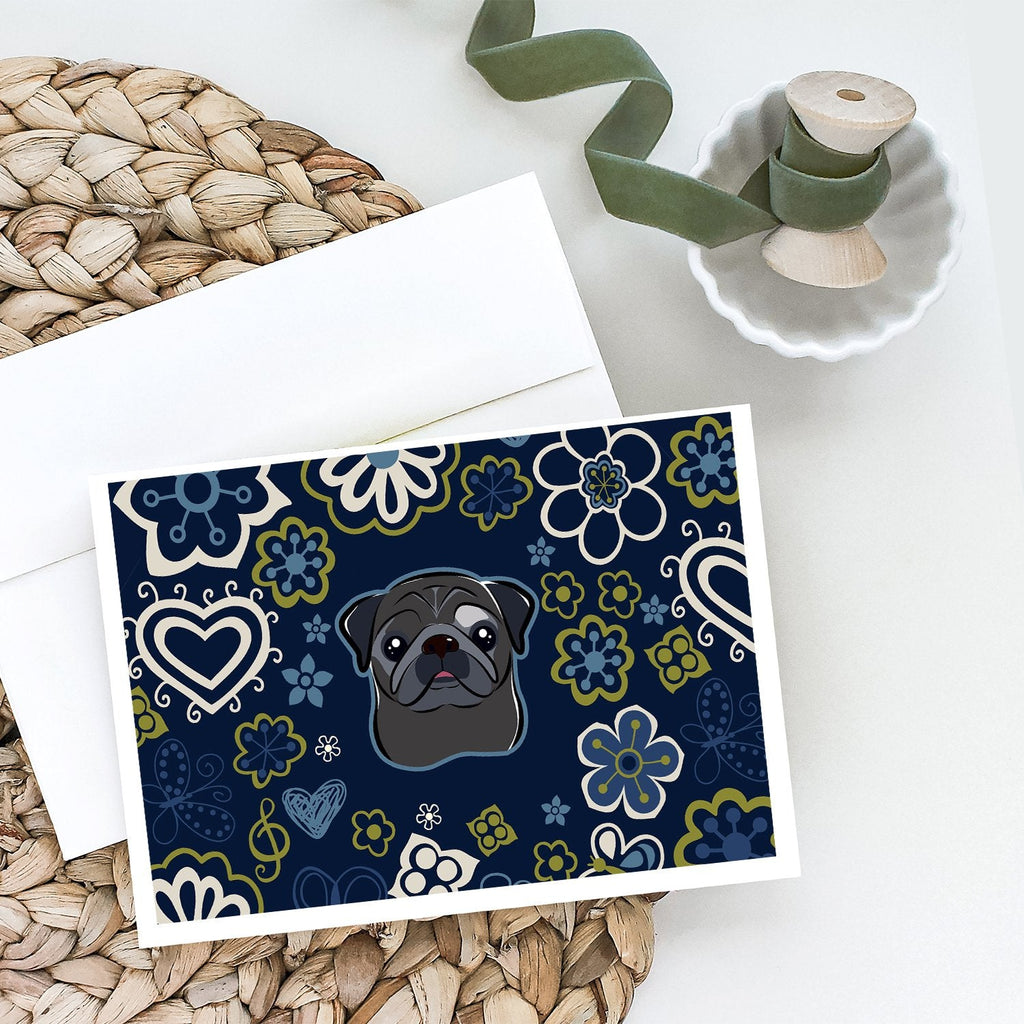Blue Flowers Black Pug Greeting Cards Pack of 8 Blank Cards with Envelopes Whimsical A7 Size 5x7