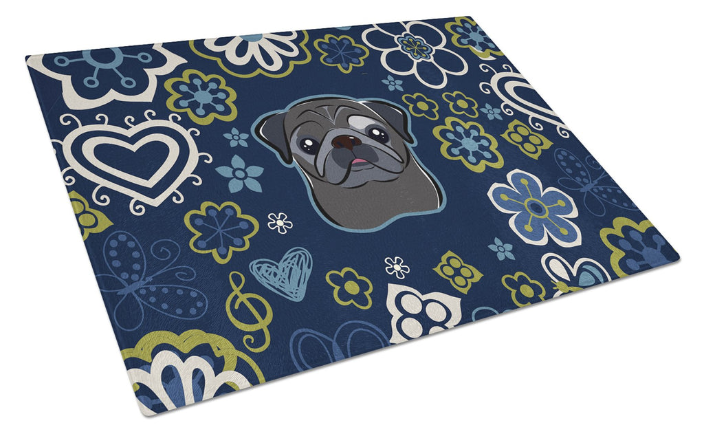 Blue Flowers Black Pug Cutting Board Tempered Glass Kitchen Cutting Surface, Heat Resistant Chopping, Non-Slip Feet, Food Prep & Serving