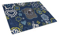 Blue Flowers Black Pug Cutting Board Tempered Glass Kitchen Cutting Surface, Heat Resistant Chopping, Non-Slip Feet, Food Prep & Serving