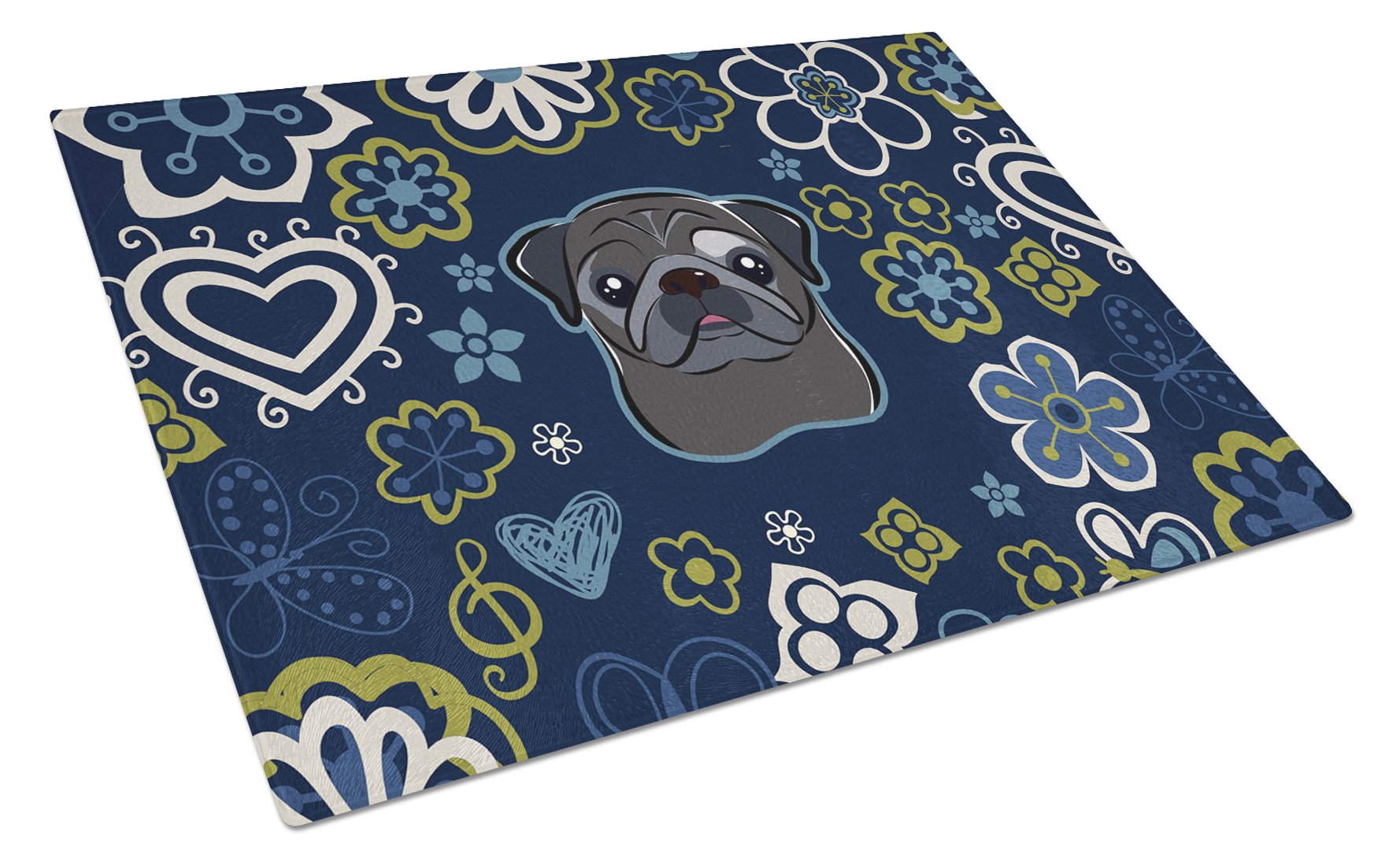Blue Flowers Black Pug Cutting Board Tempered Glass Kitchen Cutting Surface, Heat Resistant Chopping, Non-Slip Feet, Food Prep & Serving