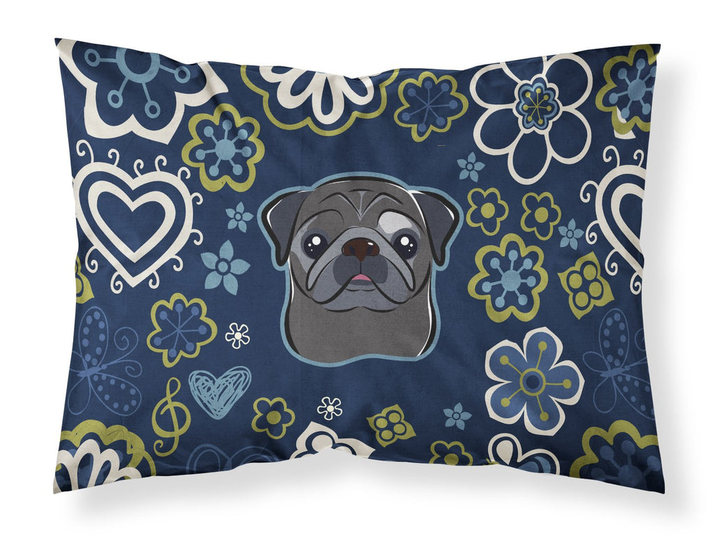 Blue Flowers Black Pug Standard Pillowcase Lightweight Super Soft Easy Care Decorative Artwork Pillowcase, Standard