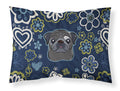 Blue Flowers Black Pug Standard Pillowcase Lightweight Super Soft Easy Care Decorative Artwork Pillowcase, Standard