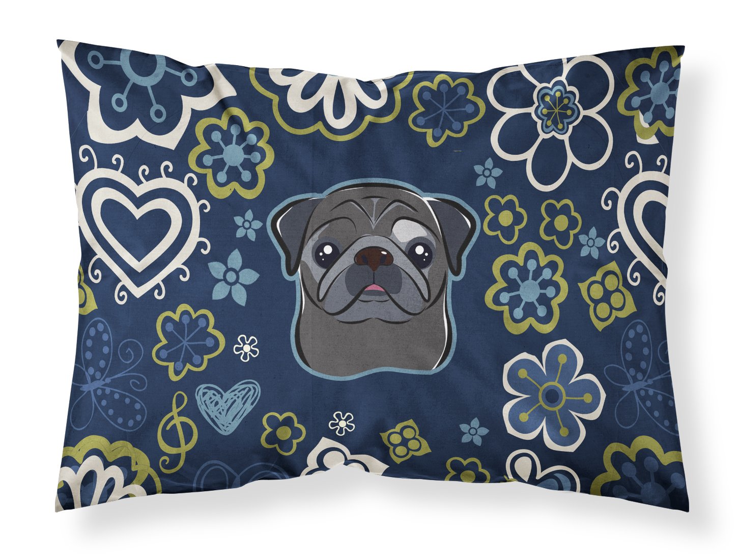 Blue Flowers Black Pug Standard Pillowcase Lightweight Super Soft Easy Care Decorative Artwork Pillowcase, Standard