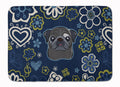 Blue Flowers Black Pug Memory Foam Kitchen Mat Machine Washable Anti-Fatigue Cushion Comfort Bath or Kitchen Rug