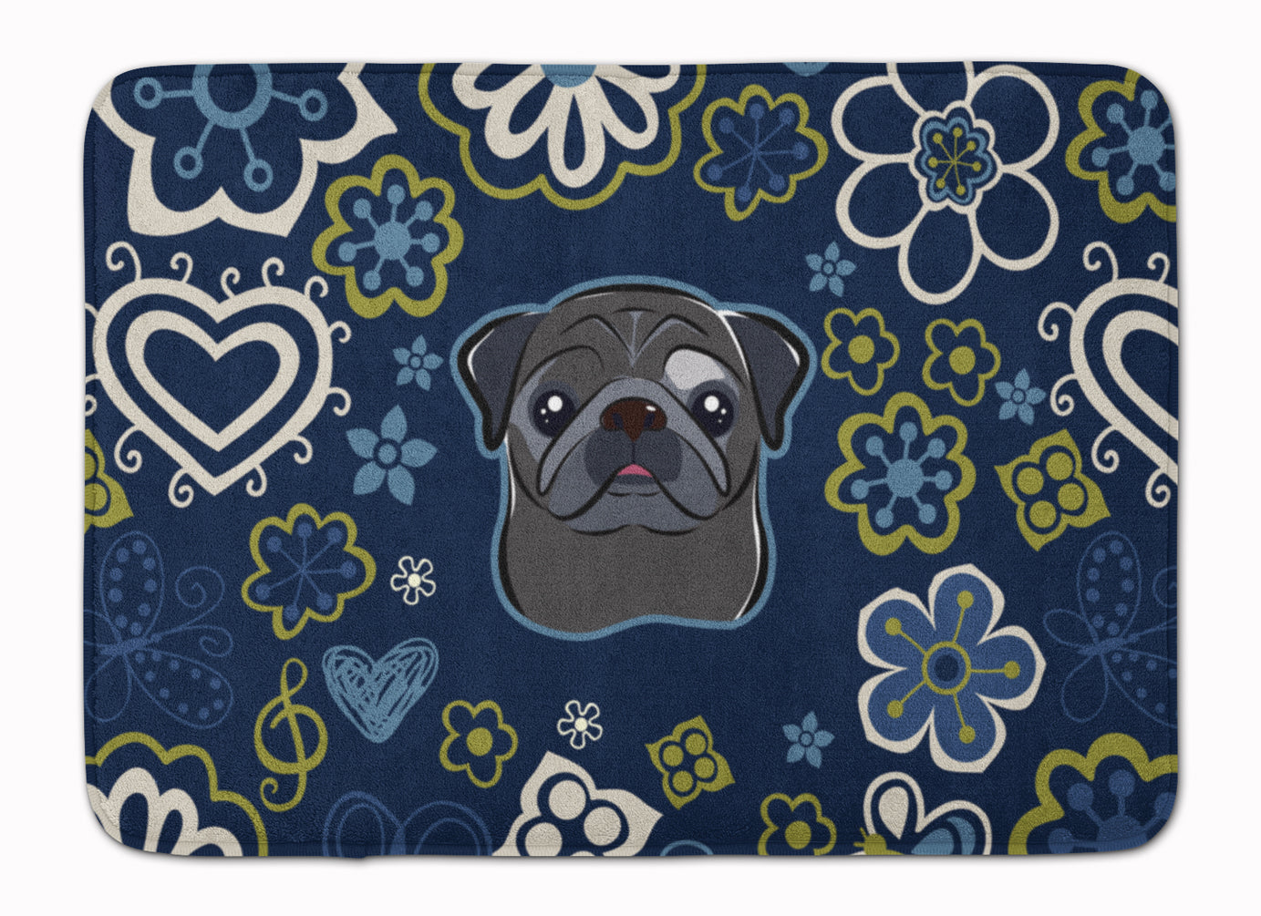Blue Flowers Black Pug Memory Foam Kitchen Mat Machine Washable Anti-Fatigue Cushion Comfort Bath or Kitchen Rug