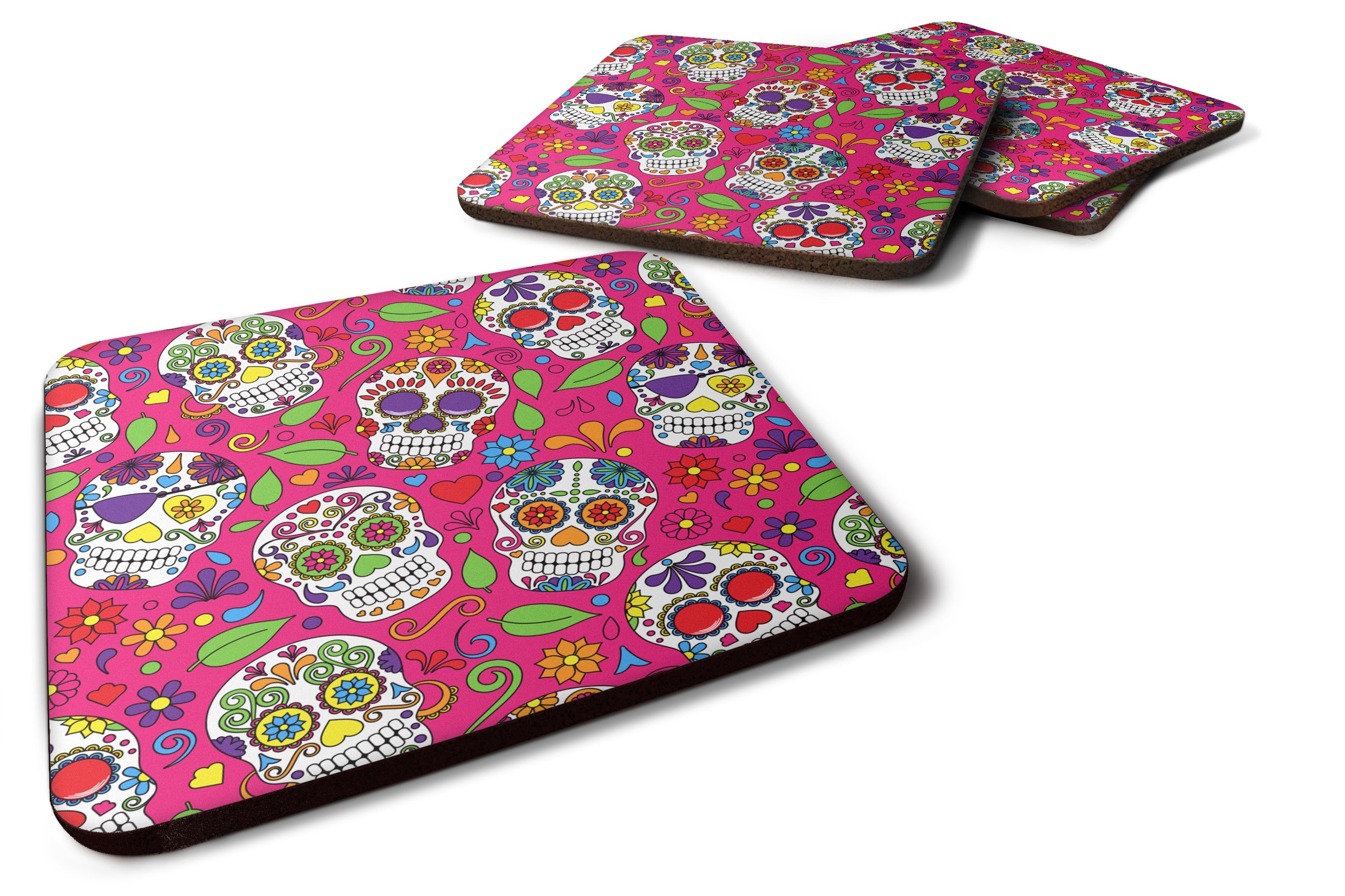 Day of the Dead Pink Foam Coasters Set of 4 Cup Coasters for Indoor Outdoor, Tabletop Protection, Anti Slip, Mouse pad Material