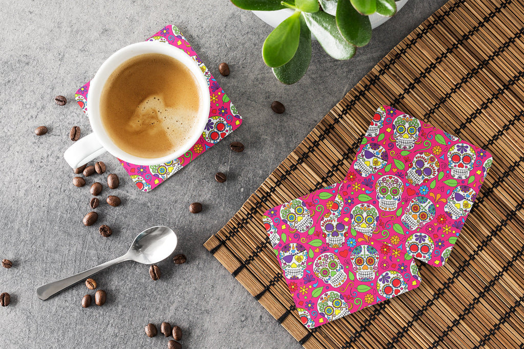 Day of the Dead Pink Foam Coasters Set of 4 Cup Coasters for Indoor Outdoor, Tabletop Protection, Anti Slip, Mouse pad Material