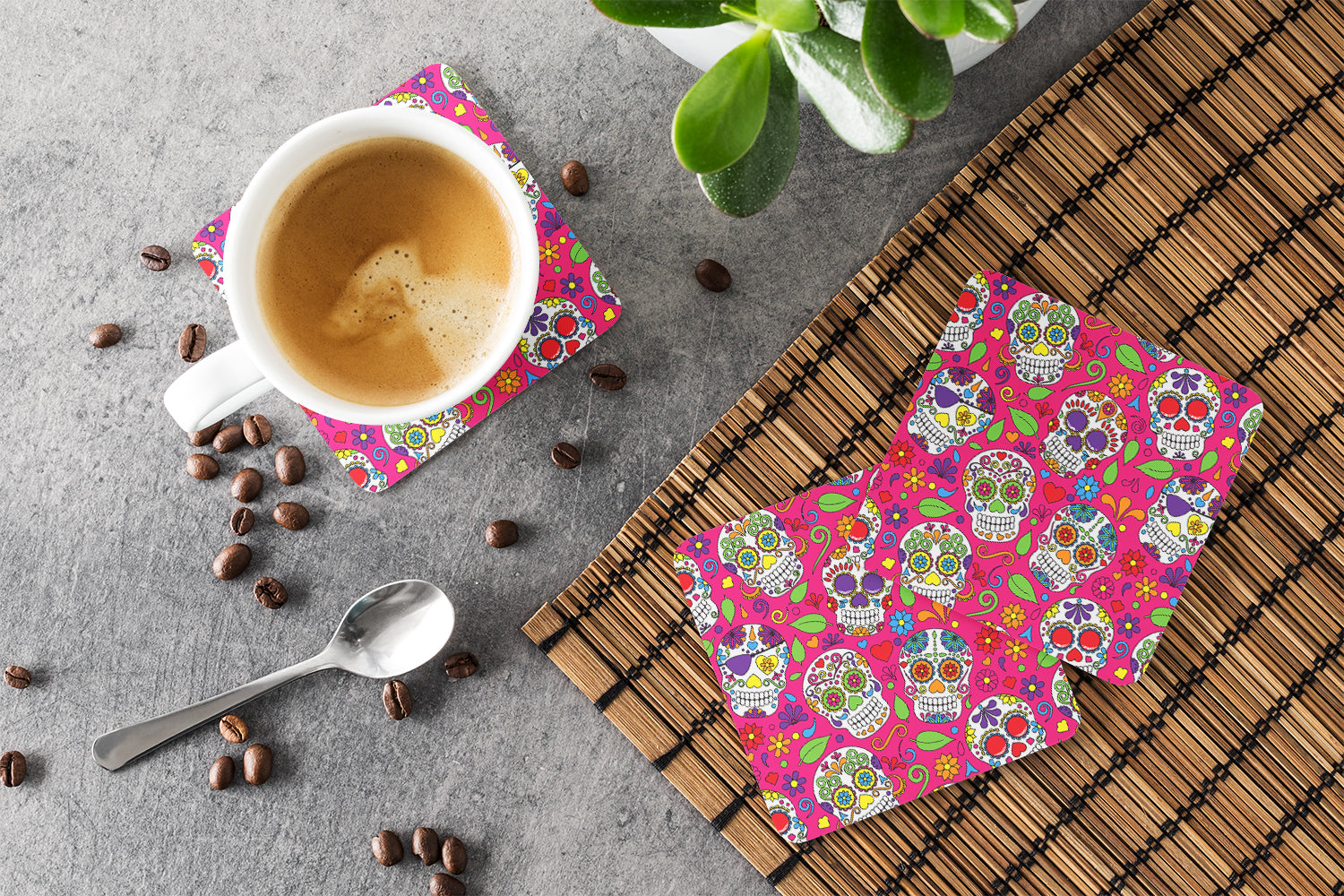 Day of the Dead Pink Foam Coasters Set of 4 Cup Coasters for Indoor Outdoor, Tabletop Protection, Anti Slip, Mouse pad Material