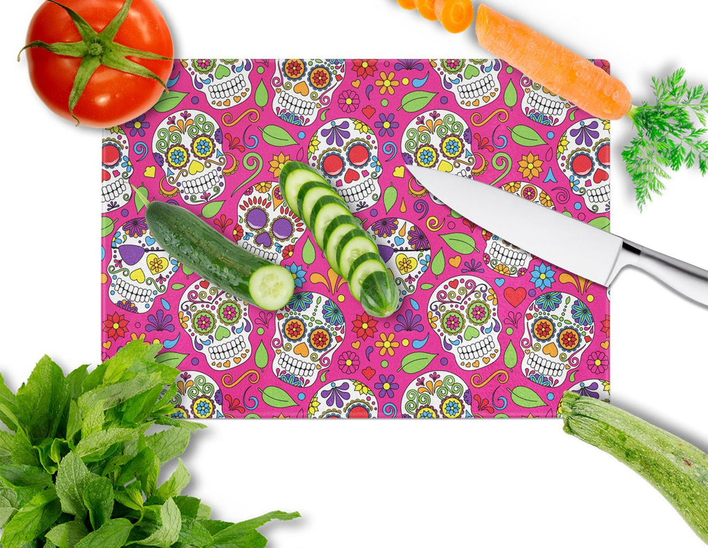 Day of the Dead Pink Cutting Board Tempered Glass Kitchen Cutting Surface, Heat Resistant Chopping, Non-Slip Feet, Food Prep & Serving