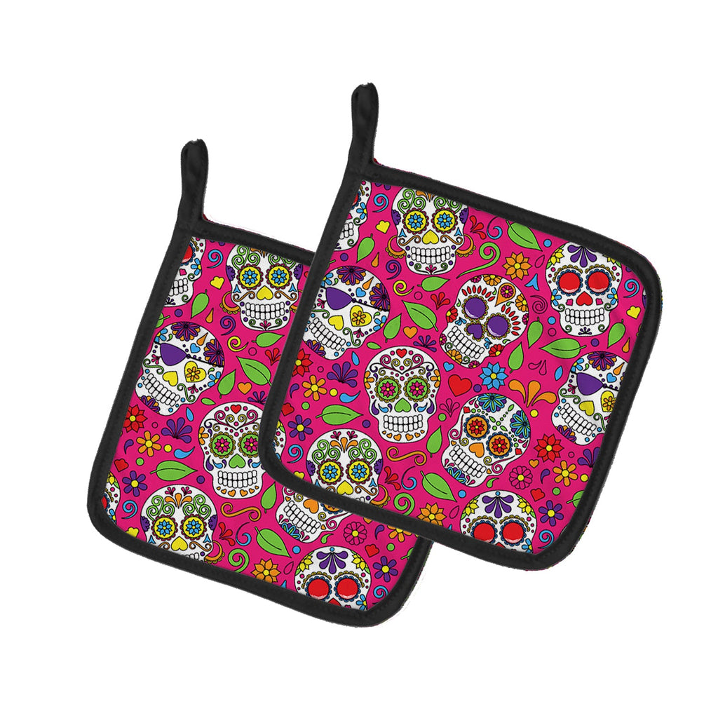 Day of the Dead Pink Pot Holder Set of 2 Heat Resistant Quilted Hot Pads 7.5 x 7.5 Inch, Insulated Kitchen Trivets for Cooking & Baking