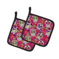 Day of the Dead Pink Pot Holder Set of 2 Heat Resistant Quilted Hot Pads 7.5 x 7.5 Inch, Insulated Kitchen Trivets for Cooking & Baking