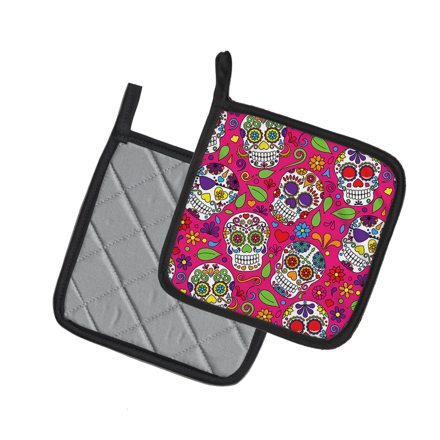 Day of the Dead Pink Pot Holder Set of 2 Heat Resistant Quilted Hot Pads 7.5 x 7.5 Inch, Insulated Kitchen Trivets for Cooking & Baking