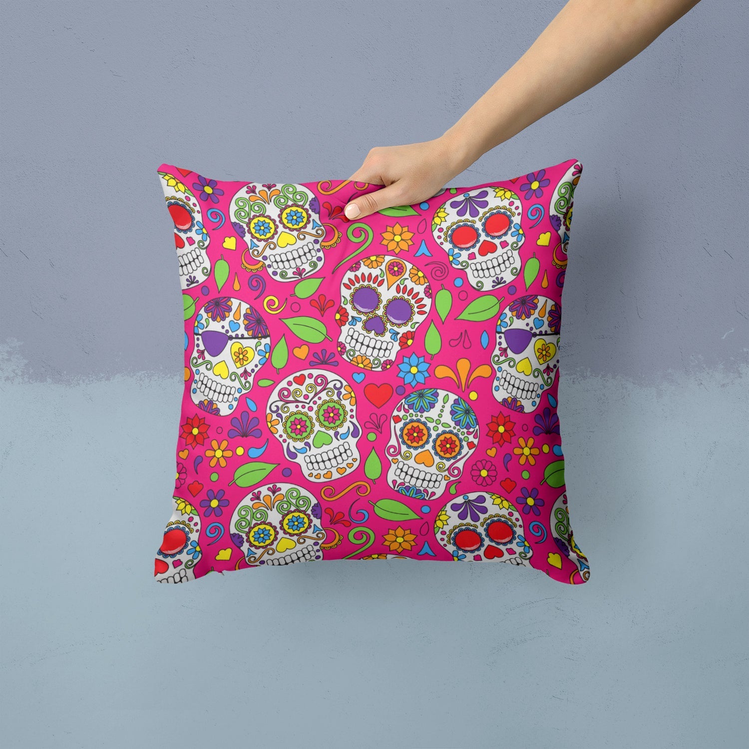 Day of the Dead Pink Decorative Throw Pillow 14x14 Indoor Outdoor Accent Cushion, Fabric Cover with Insert for Sofa, Bed, Porch & Living Room