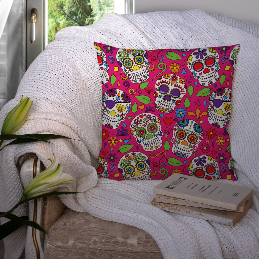 Day of the Dead Pink Decorative Throw Pillow 14x14 Indoor Outdoor Accent Cushion, Fabric Cover with Insert for Sofa, Bed, Porch & Living Room
