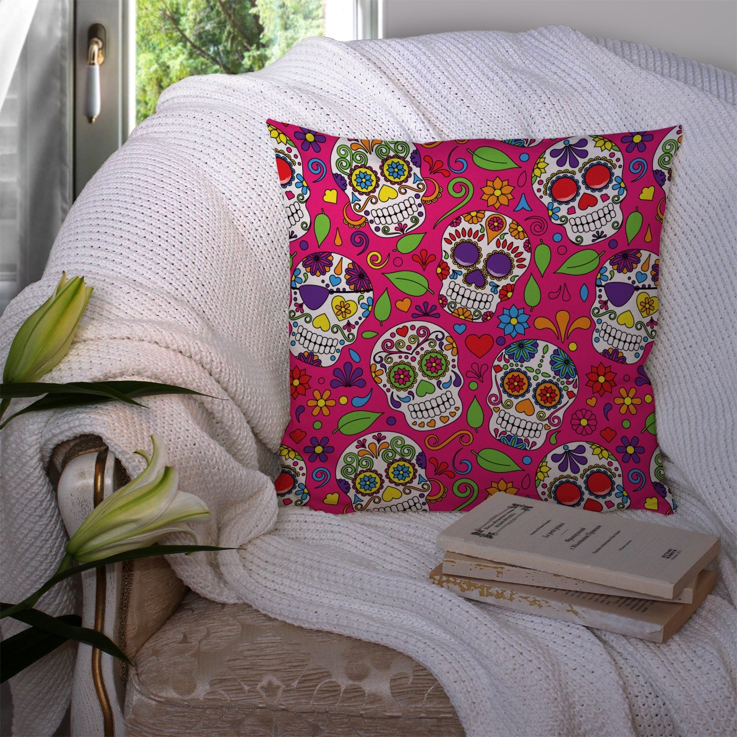 Day of the Dead Pink Decorative Throw Pillow 14x14 Indoor Outdoor Accent Cushion, Fabric Cover with Insert for Sofa, Bed, Porch & Living Room