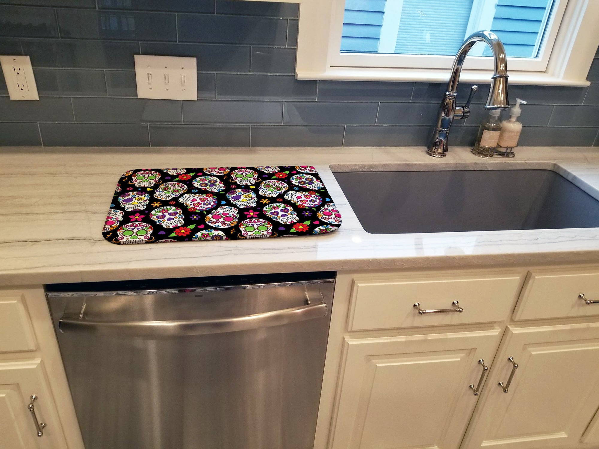 Day of the Dead Black Dish Drying Mat Absorbent Dish Drying Mat Pad for Kitchen Counter Dish Drainer Mat for Countertop, 14 x 21", Multicolor