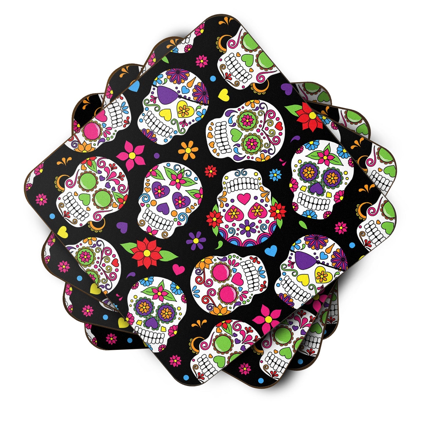 Day of the Dead Black Foam Coasters Set of 4 Cup Coasters for Indoor Outdoor, Tabletop Protection, Anti Slip, Mouse pad Material