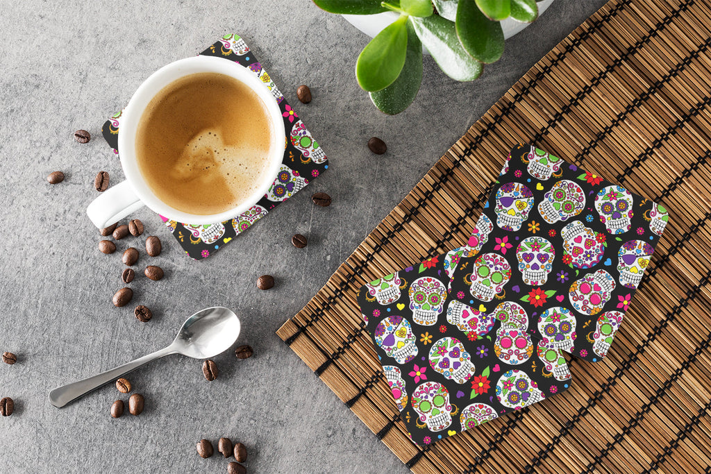 Day of the Dead Black Foam Coasters Set of 4 Cup Coasters for Indoor Outdoor, Tabletop Protection, Anti Slip, Mouse pad Material