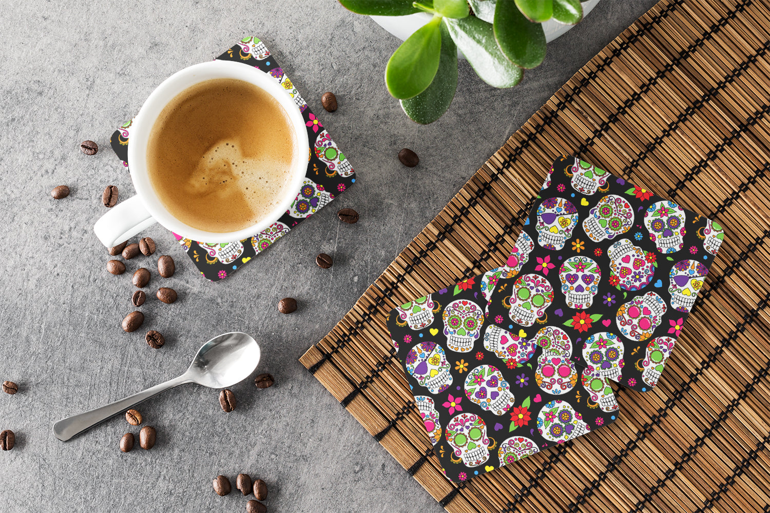 Day of the Dead Black Foam Coasters Set of 4 Cup Coasters for Indoor Outdoor, Tabletop Protection, Anti Slip, Mouse pad Material