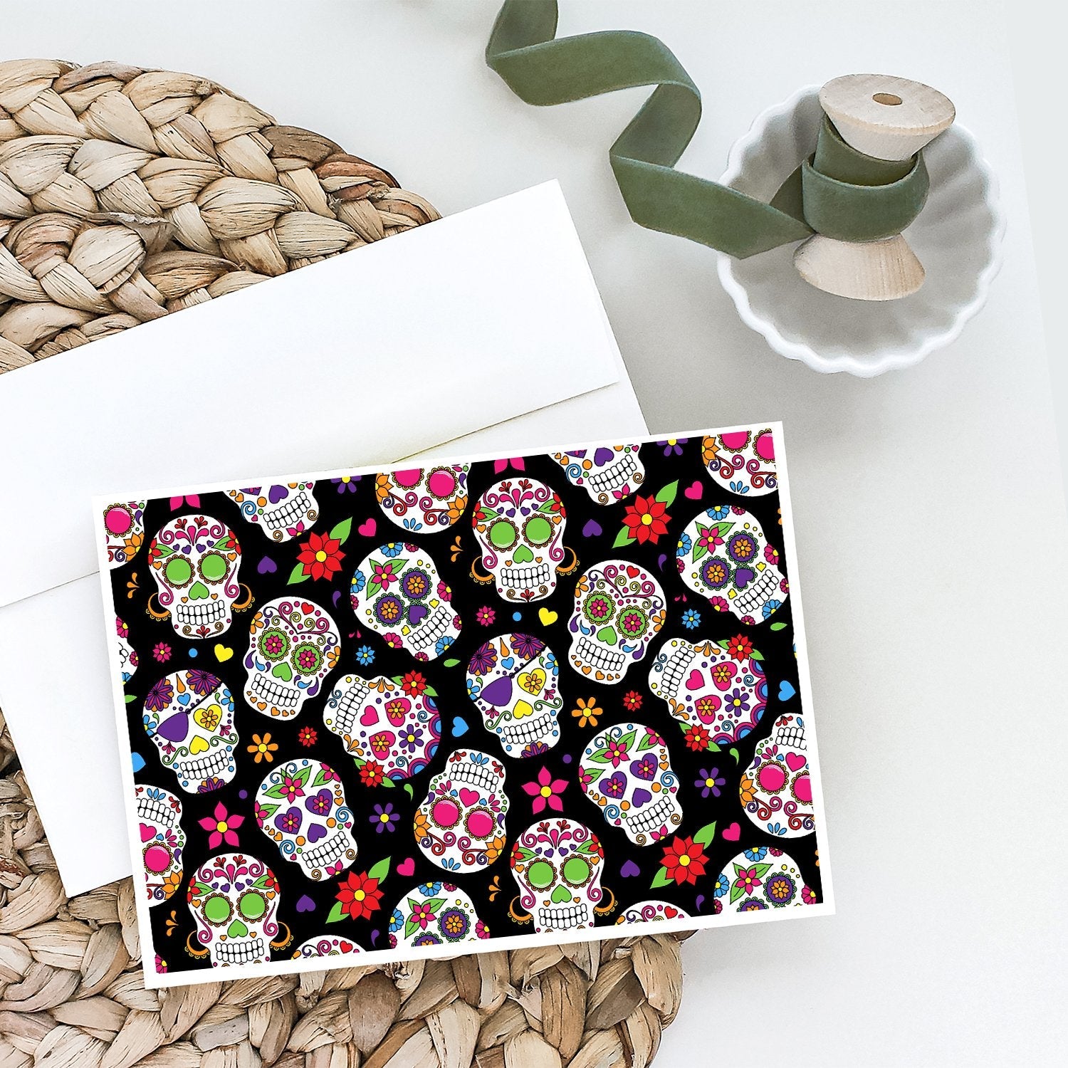 Day of the Dead Black Greeting Cards Pack of 8 Blank Cards with Envelopes Whimsical A7 Size 5x7
