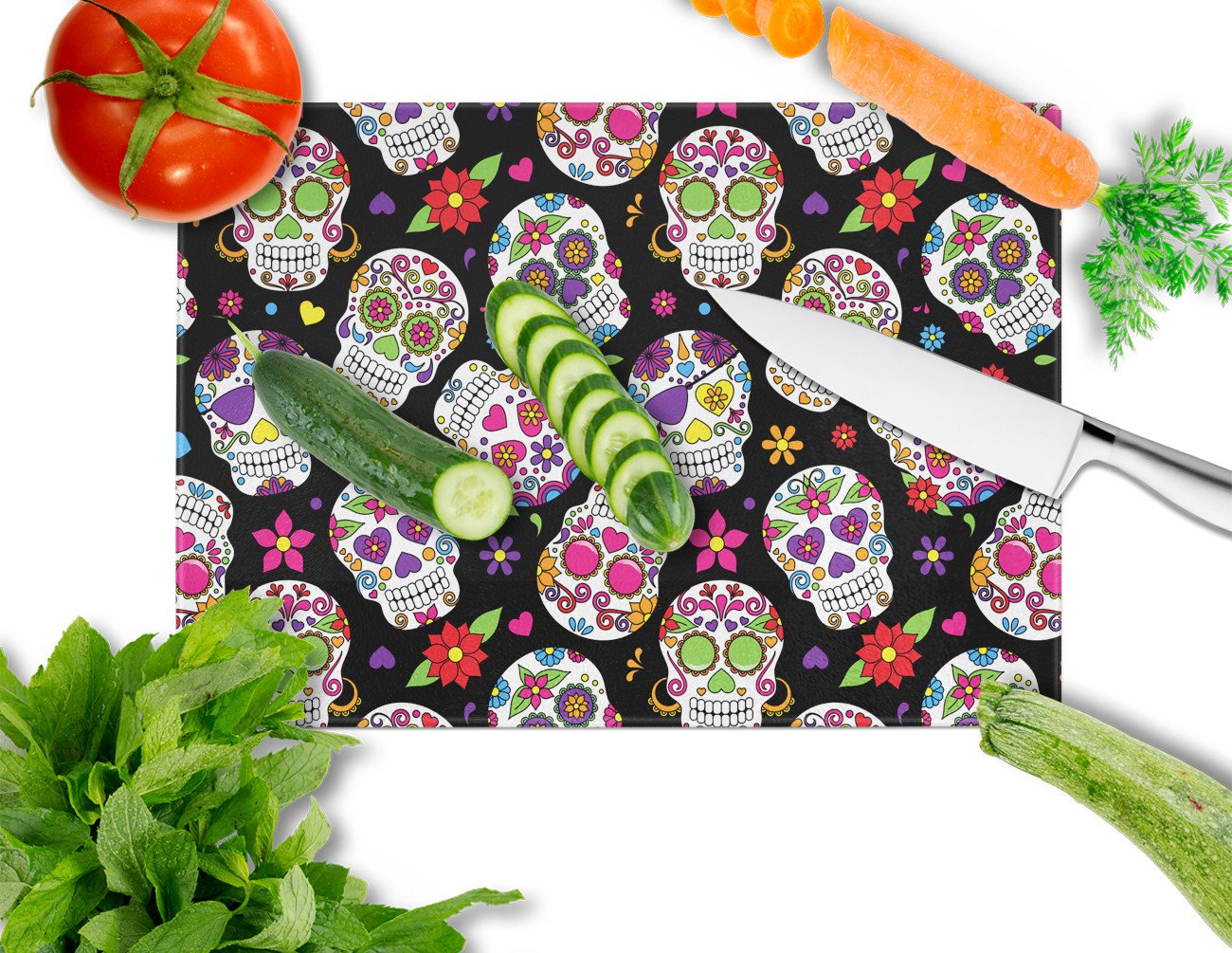 Day of the Dead Black Cutting Board Tempered Glass Kitchen Cutting Surface, Heat Resistant Chopping, Non-Slip Feet, Food Prep & Serving