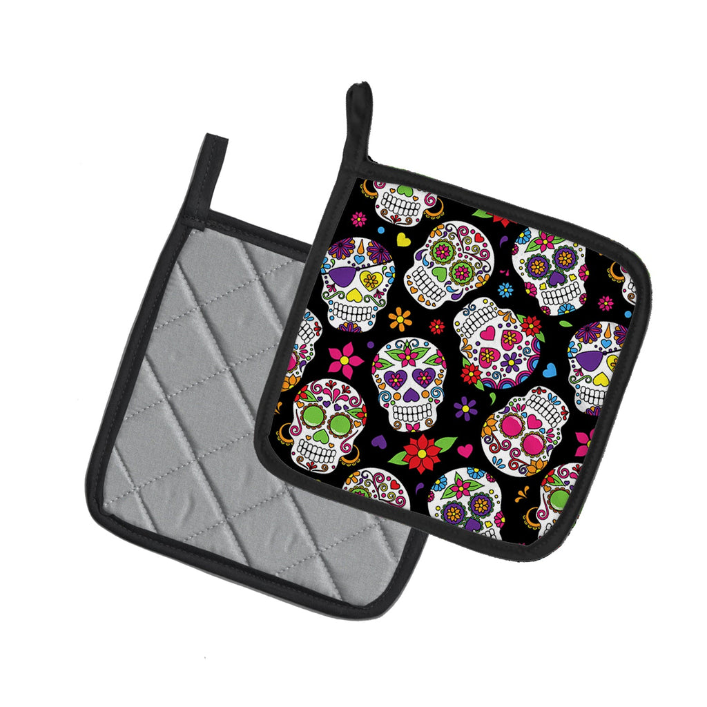 Day of the Dead Black Pot Holder Set of 2 Heat Resistant Quilted Hot Pads 7.5 x 7.5 Inch, Insulated Kitchen Trivets for Cooking & Baking