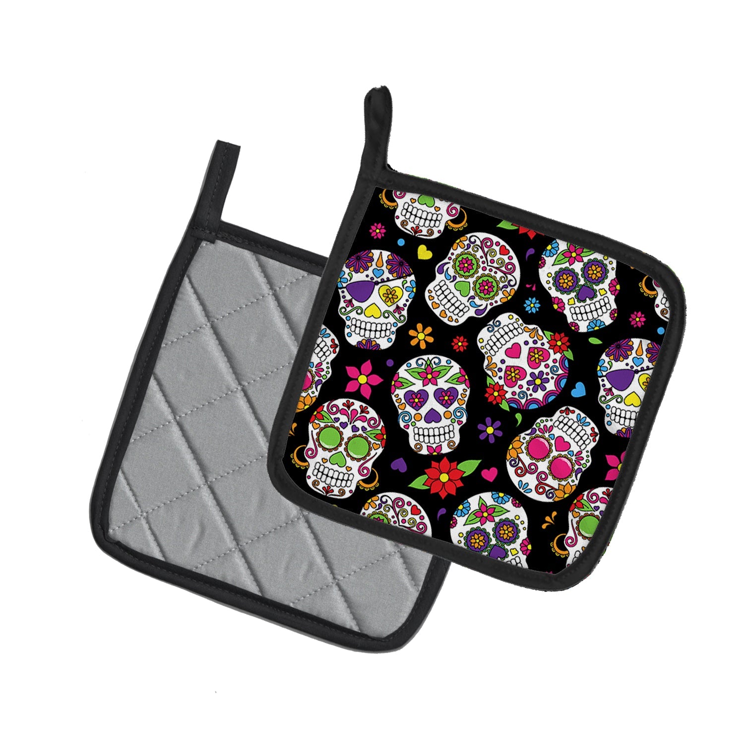 Day of the Dead Black Pot Holder Set of 2 Heat Resistant Quilted Hot Pads 7.5 x 7.5 Inch, Insulated Kitchen Trivets for Cooking & Baking