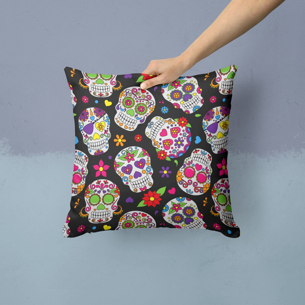 Day of the Dead Black Decorative Throw Pillow 14x14 Indoor Outdoor Accent Cushion, Fabric Cover with Insert for Sofa, Bed, Porch & Living Room
