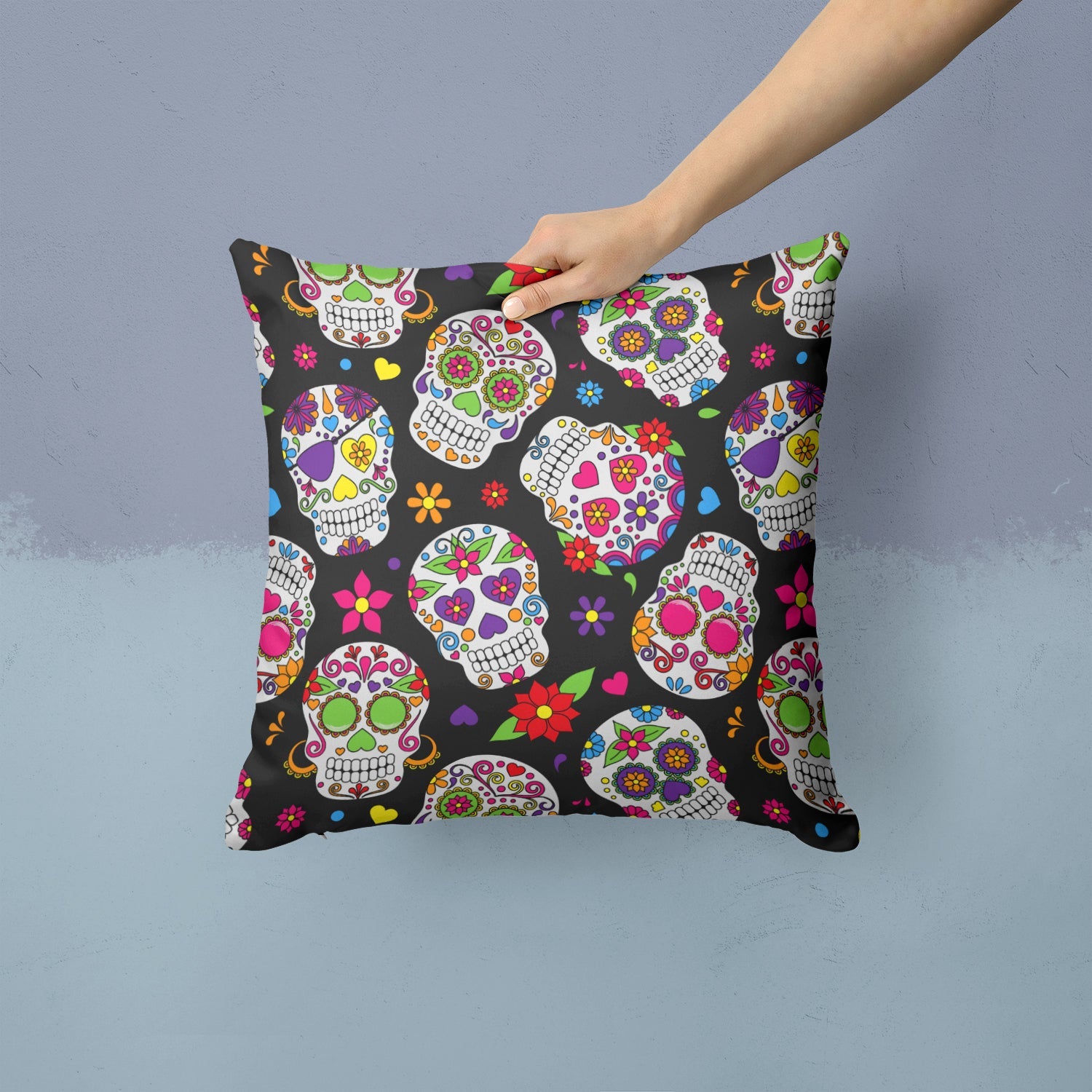 Day of the Dead Black Decorative Throw Pillow 14x14 Indoor Outdoor Accent Cushion, Fabric Cover with Insert for Sofa, Bed, Porch & Living Room