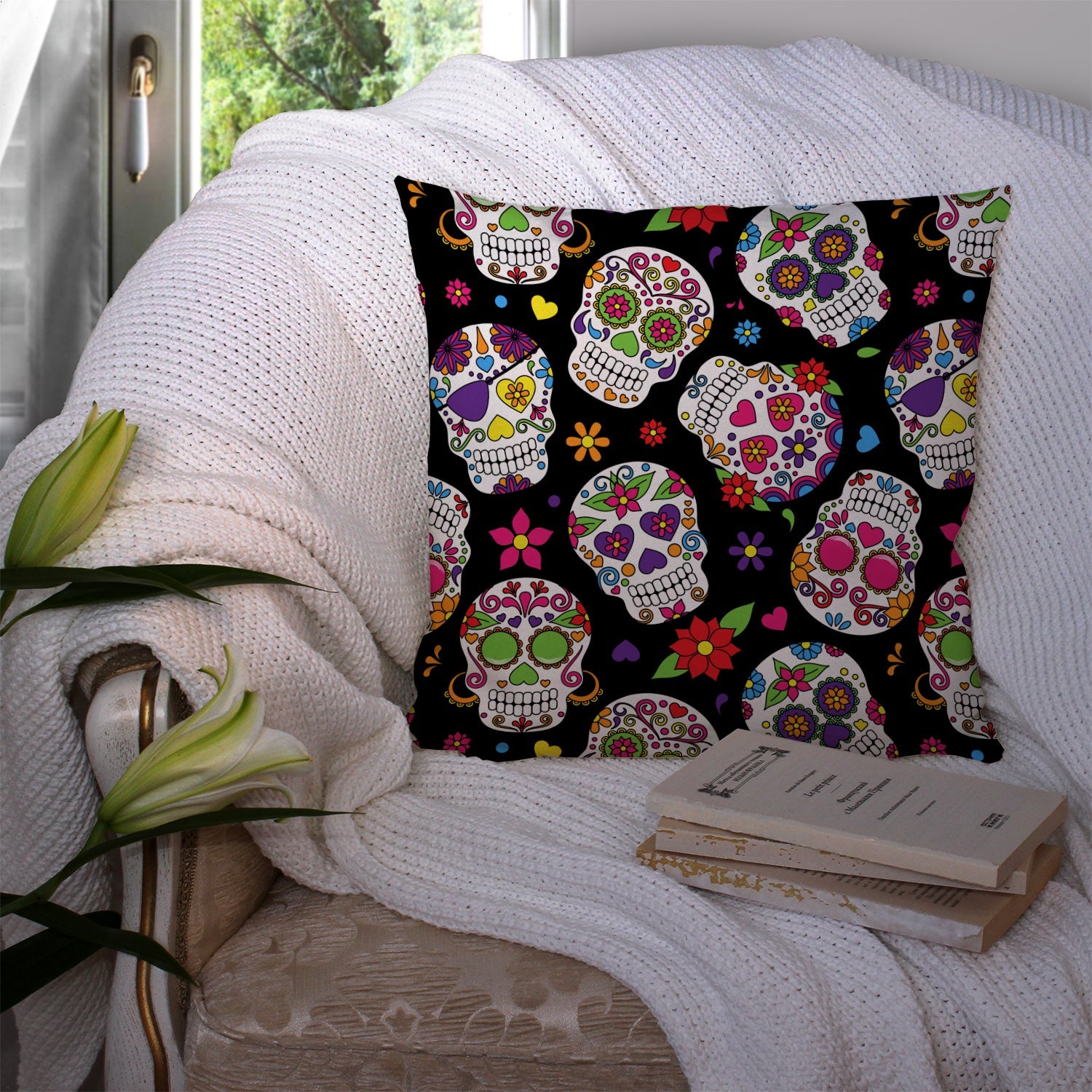 Day of the Dead Black Decorative Throw Pillow 14x14 Indoor Outdoor Accent Cushion, Fabric Cover with Insert for Sofa, Bed, Porch & Living Room