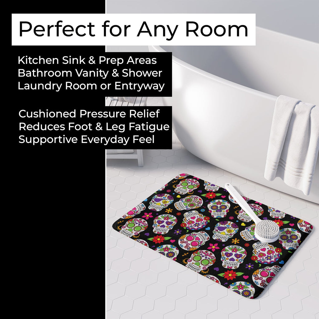 Day of the Dead Black Memory Foam Kitchen Mat Machine Washable Anti-Fatigue Cushion Comfort Bath or Kitchen Rug