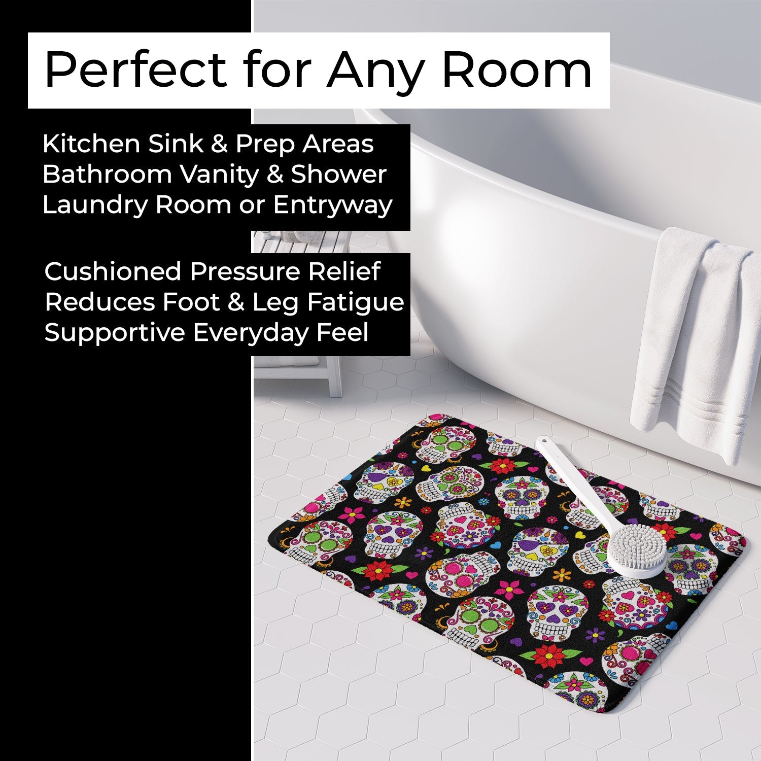 Day of the Dead Black Memory Foam Kitchen Mat Machine Washable Anti-Fatigue Cushion Comfort Bath or Kitchen Rug