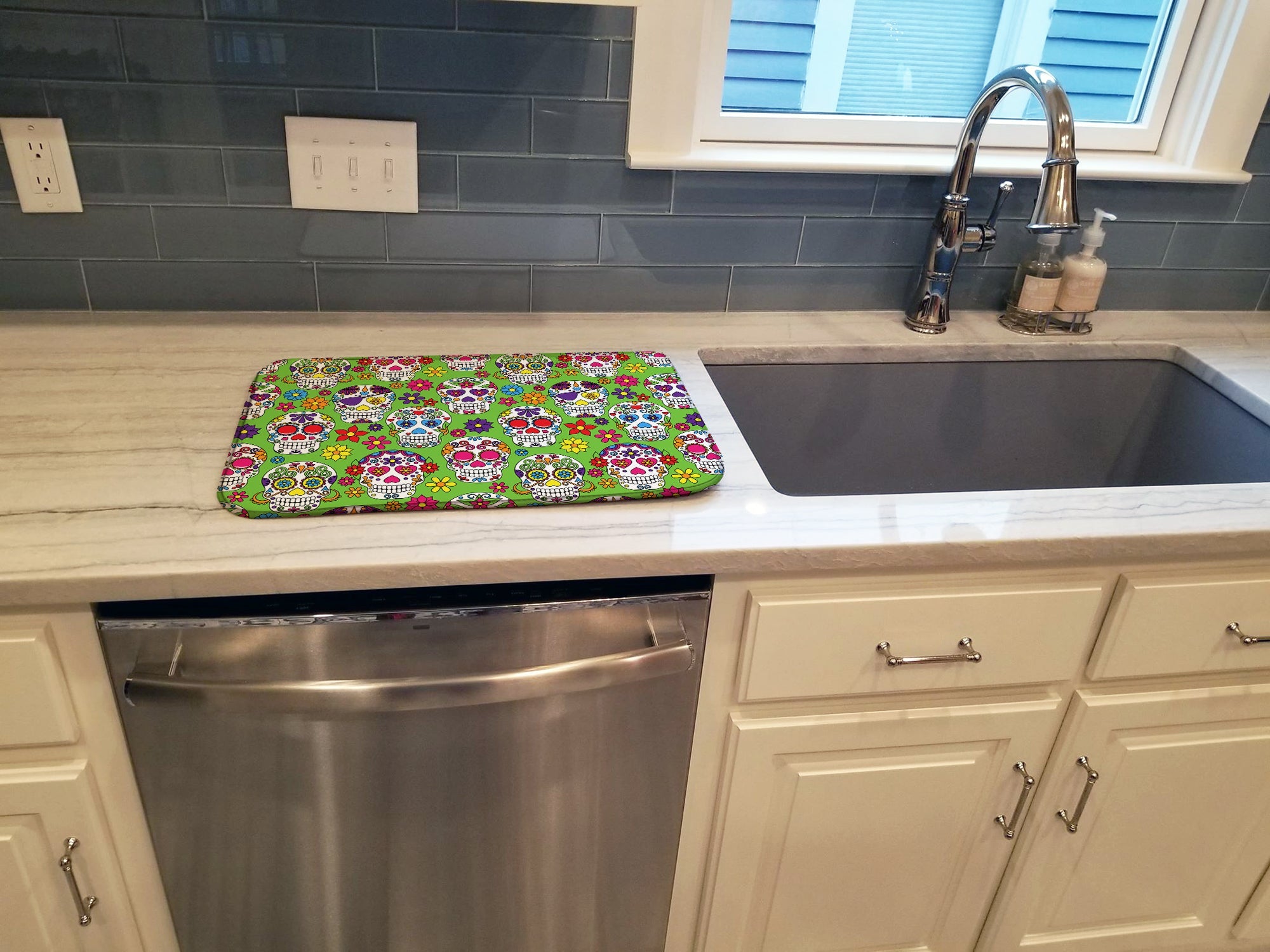 Day of the Dead Green Dish Drying Mat Absorbent Dish Drying Mat Pad for Kitchen Counter Dish Drainer Mat for Countertop, 14 x 21", Multicolor