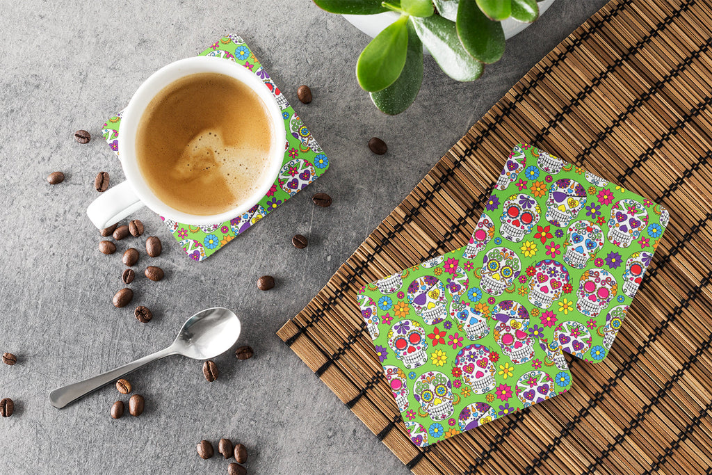 Day of the Dead Green Foam Coasters Set of 4 Cup Coasters for Indoor Outdoor, Tabletop Protection, Anti Slip, Mouse pad Material