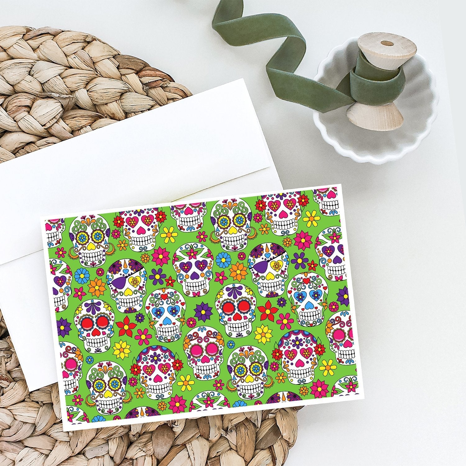 Day of the Dead Green Greeting Cards Pack of 8 Blank Cards with Envelopes Whimsical A7 Size 5x7