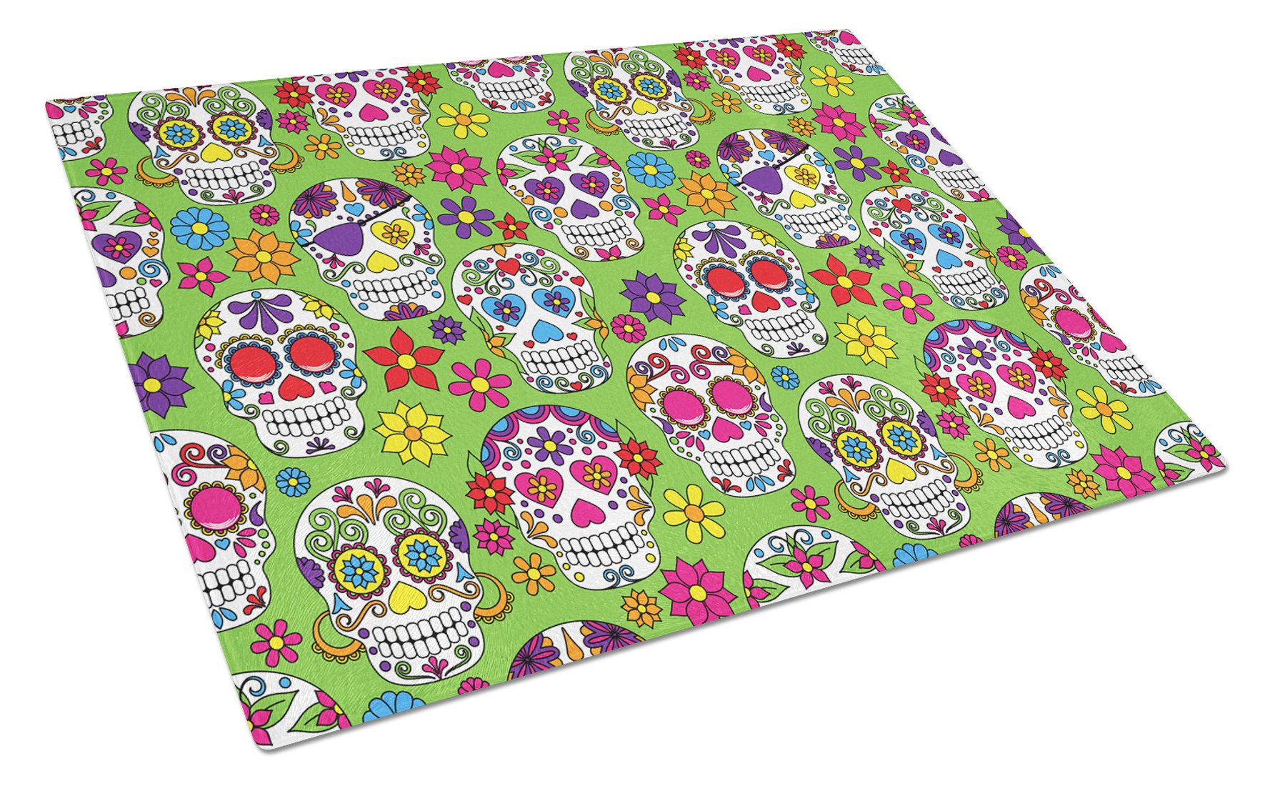Day of the Dead Green Cutting Board Tempered Glass Kitchen Cutting Surface, Heat Resistant Chopping, Non-Slip Feet, Food Prep & Serving