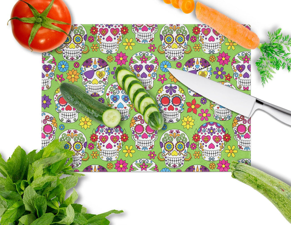 Day of the Dead Green Cutting Board Tempered Glass Kitchen Cutting Surface, Heat Resistant Chopping, Non-Slip Feet, Food Prep & Serving