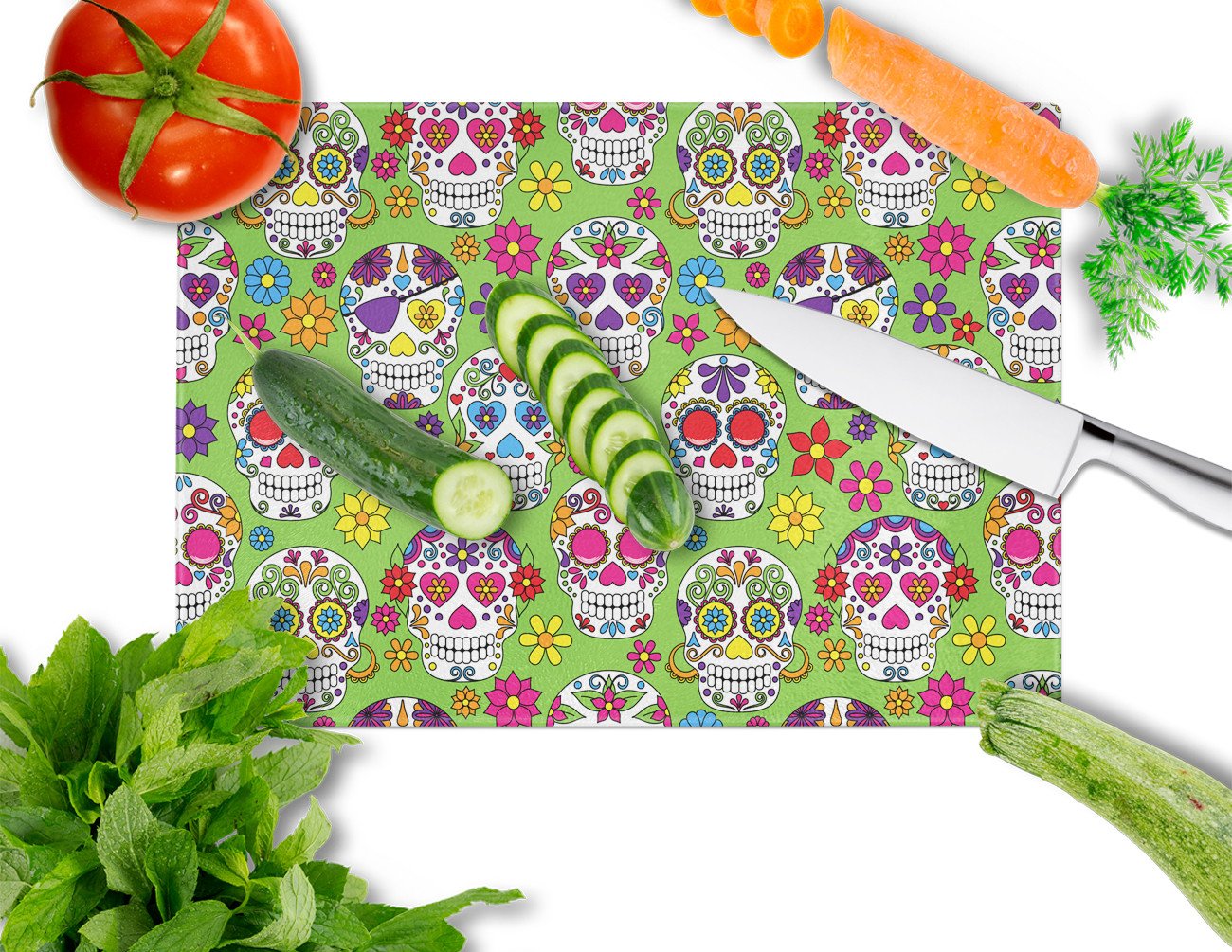 Day of the Dead Green Cutting Board Tempered Glass Kitchen Cutting Surface, Heat Resistant Chopping, Non-Slip Feet, Food Prep & Serving
