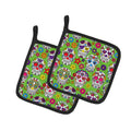 Day of the Dead Green Pot Holder Set of 2 Heat Resistant Quilted Hot Pads 7.5 x 7.5 Inch, Insulated Kitchen Trivets for Cooking & Baking