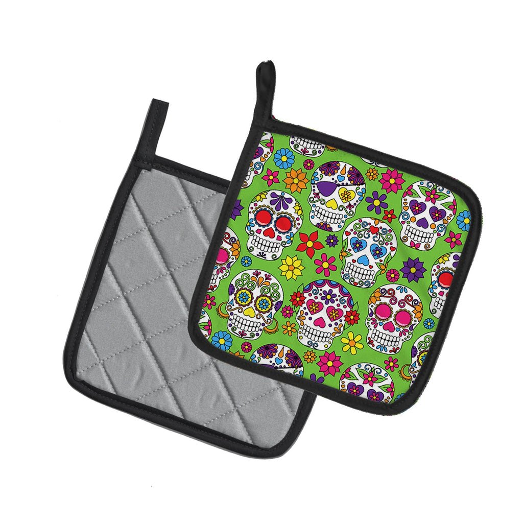 Day of the Dead Green Pot Holder Set of 2 Heat Resistant Quilted Hot Pads 7.5 x 7.5 Inch, Insulated Kitchen Trivets for Cooking & Baking