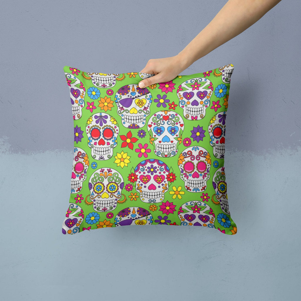Day of the Dead Green Decorative Throw Pillow 14x14 Indoor Outdoor Accent Cushion, Fabric Cover with Insert for Sofa, Bed, Porch & Living Room