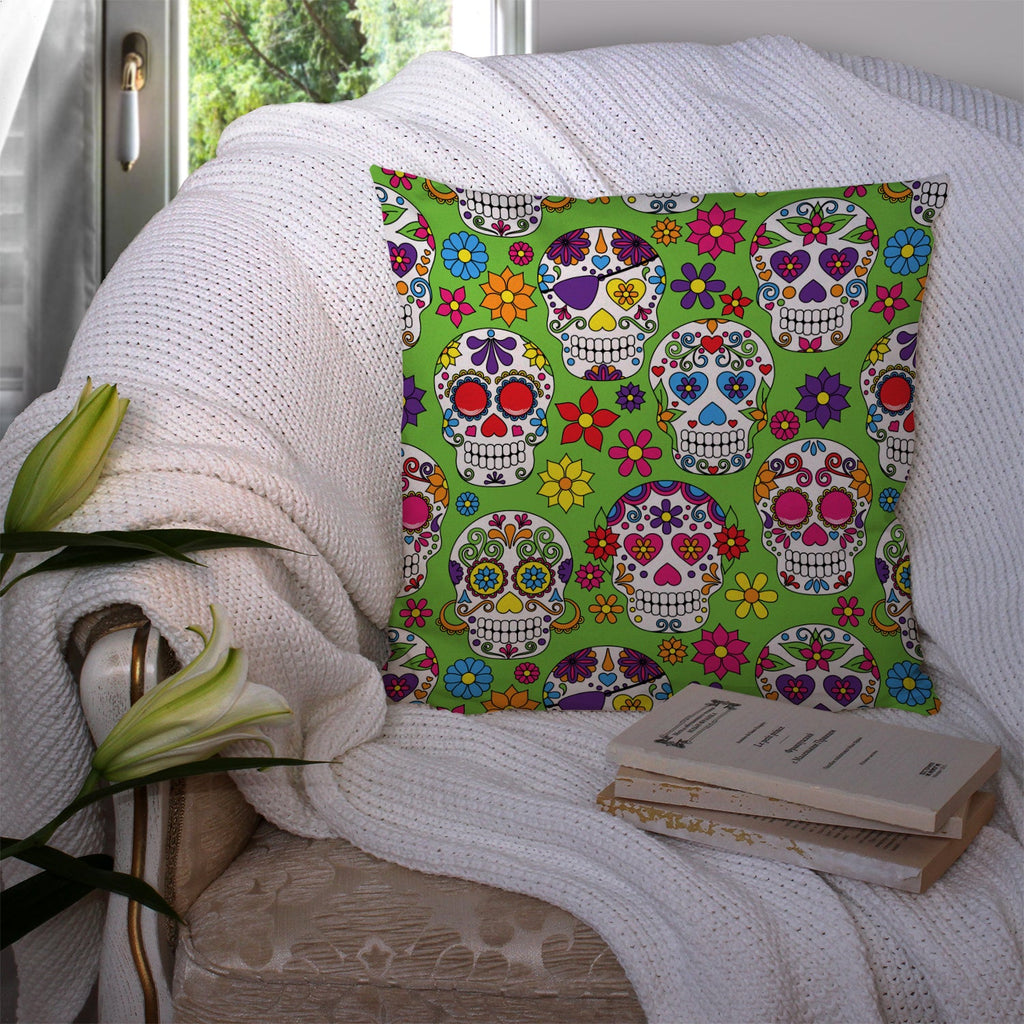 Day of the Dead Green Decorative Throw Pillow 14x14 Indoor Outdoor Accent Cushion, Fabric Cover with Insert for Sofa, Bed, Porch & Living Room